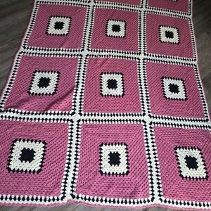 Handmade Pink Crochet Throw Blanket with Black & White Accents